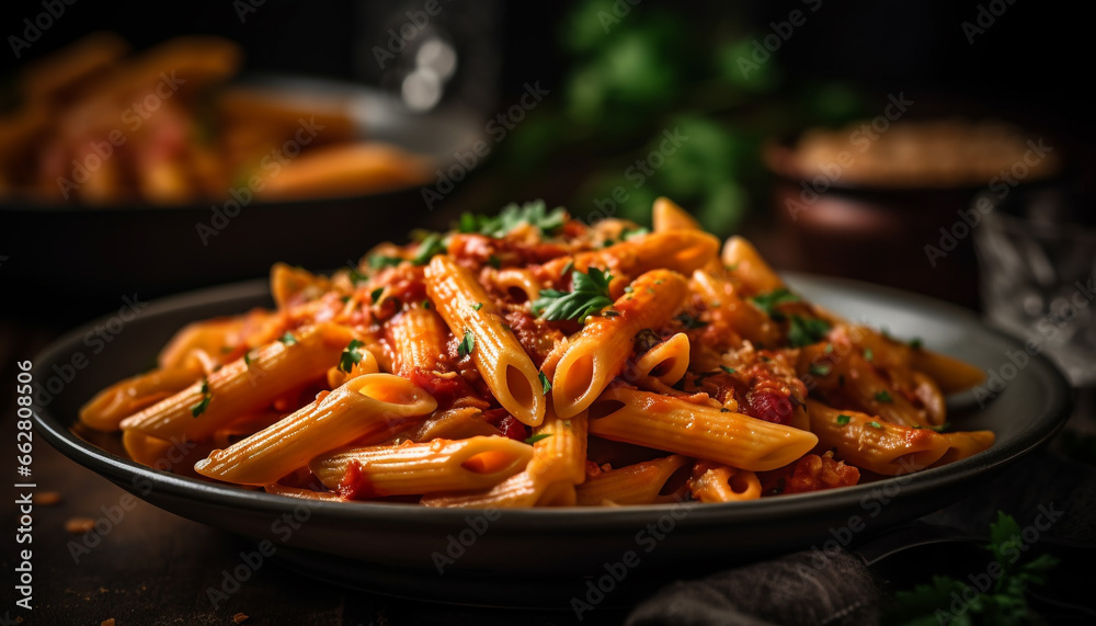 Rustic plate of homemade pasta with savory meat sauce and parsley generated by AI Rustic plate of homemade pasta with savory meat sauce and parsley generated by AI