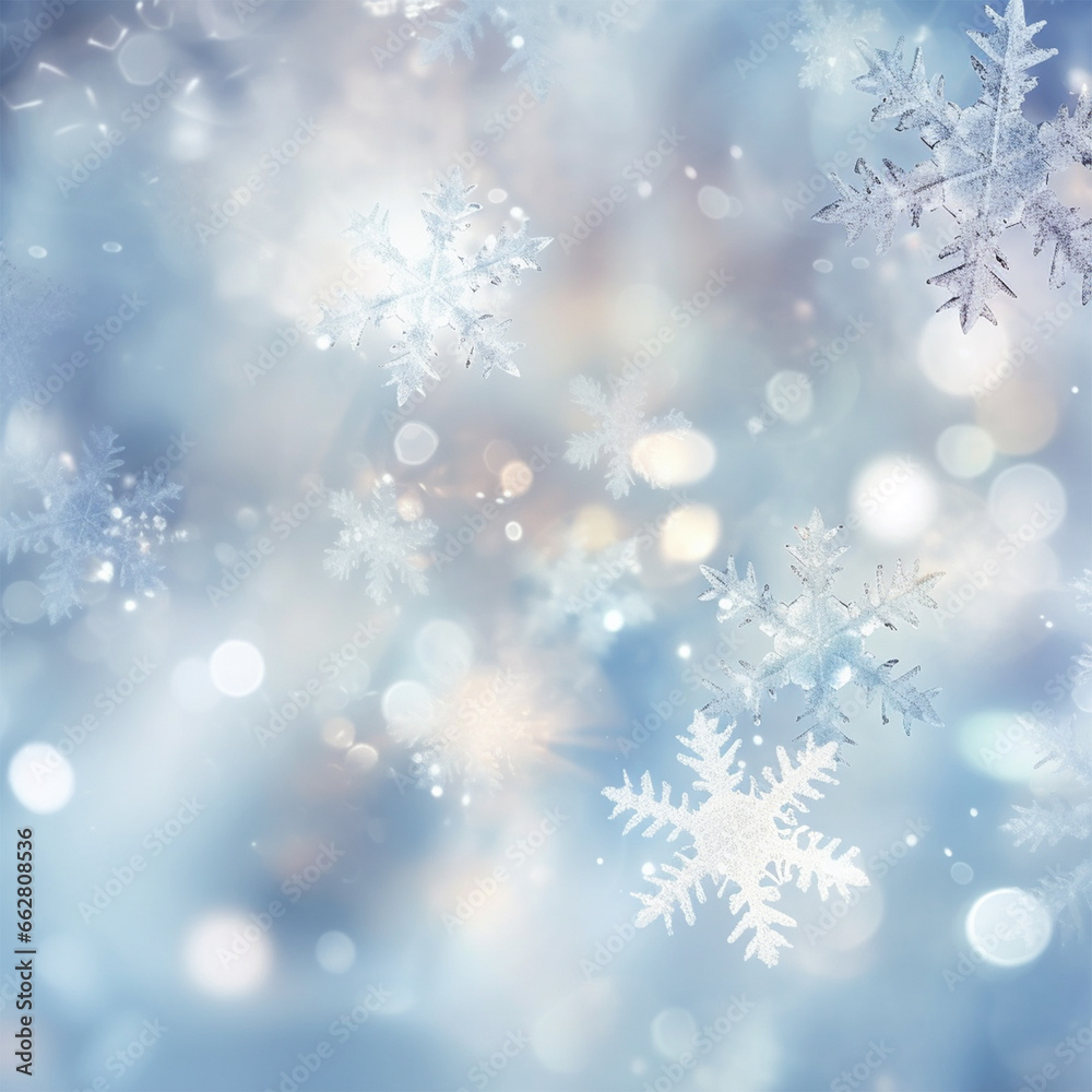 Christmas Blurred Frozen Snowflakes. Light Silver, Blue and Bokeh Effect Winter Background. Snowy Ornaments and Copy Space.