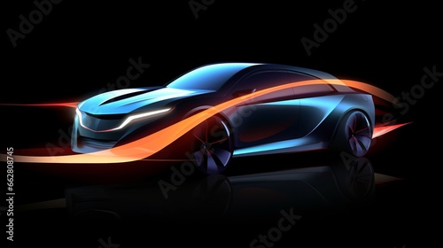 A sleek and futuristic car in a dimly lit setting