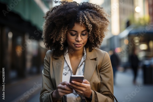 Focused african american woman reads phone messages on a bustling city street.