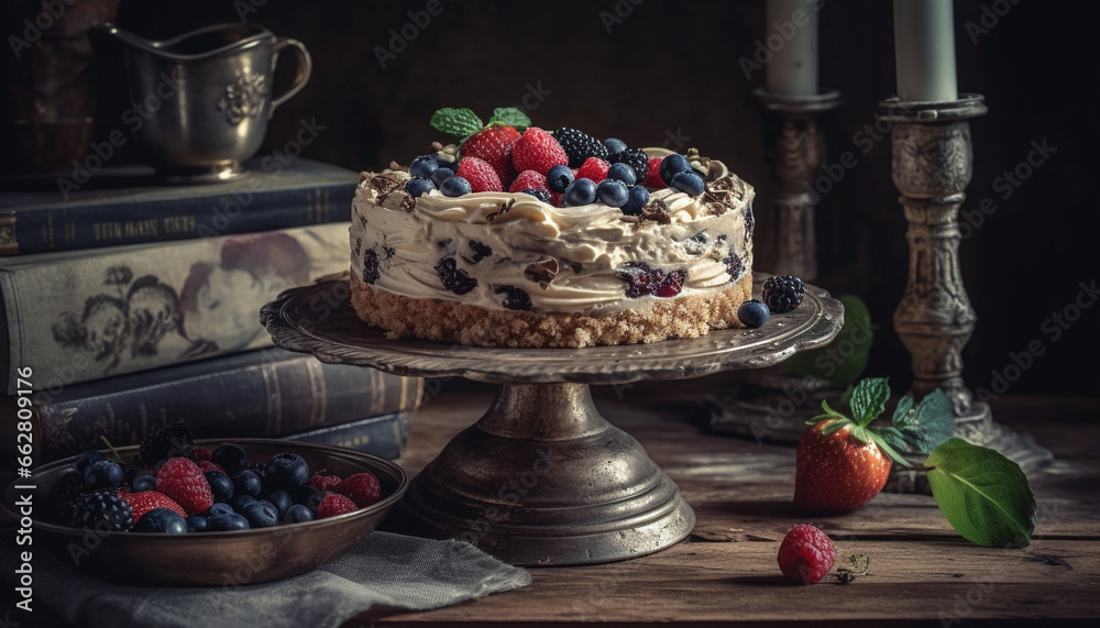 Indulgent homemade berry cheesecake with whipped cream and chocolate decoration generated by AI