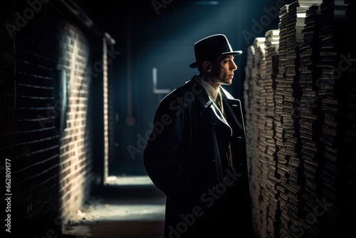 Retro 1920s gangster in a dark room with brick walls. photo