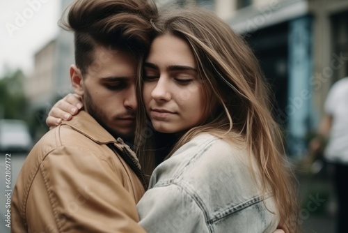 beautiful young couple in love hugging on the street in the city