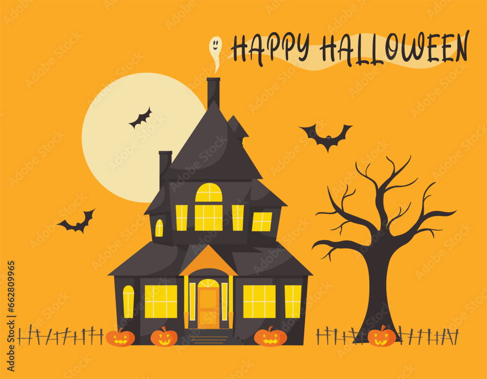 Halloween house in flat vector cartoon style with tree, ghost and jack-o-lantern pumpkins and cute characters. Orange moon night