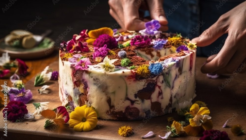 Handmade rustic blueberry cheesecake with fresh berry decoration on wooden table generated by AI