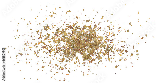 Fototapeta Naklejka Na Ścianę i Meble -  Dried and chopped up basil spice pile isolated on white, top view
