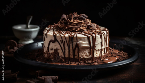 Indulgent chocolate cake slice with creamy icing and dark cocoa powder generated by AI