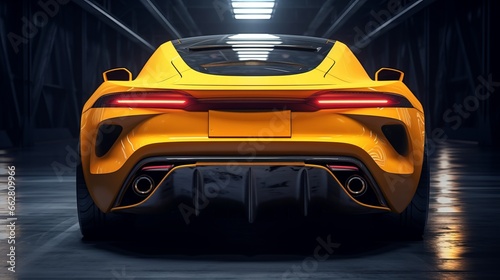 The back of a vibrant yellow sports car photo