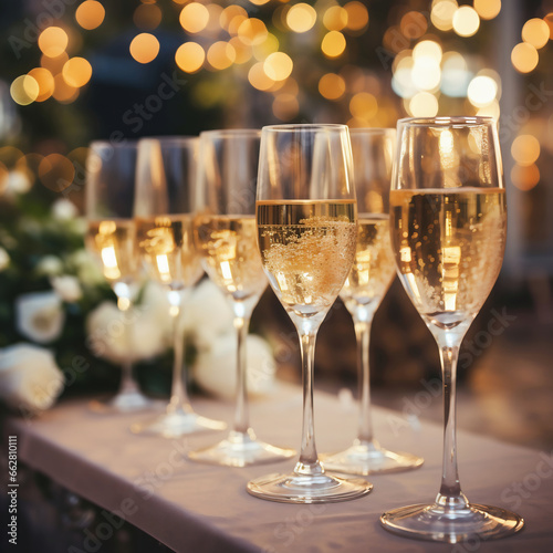 Glasses of champagne on a table at a wedding reception. Selective focus.