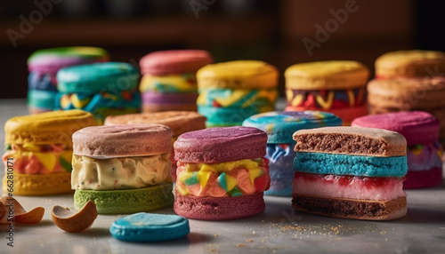 Vibrant colored macaroons stacked on table, a sweet indulgence generated by AI