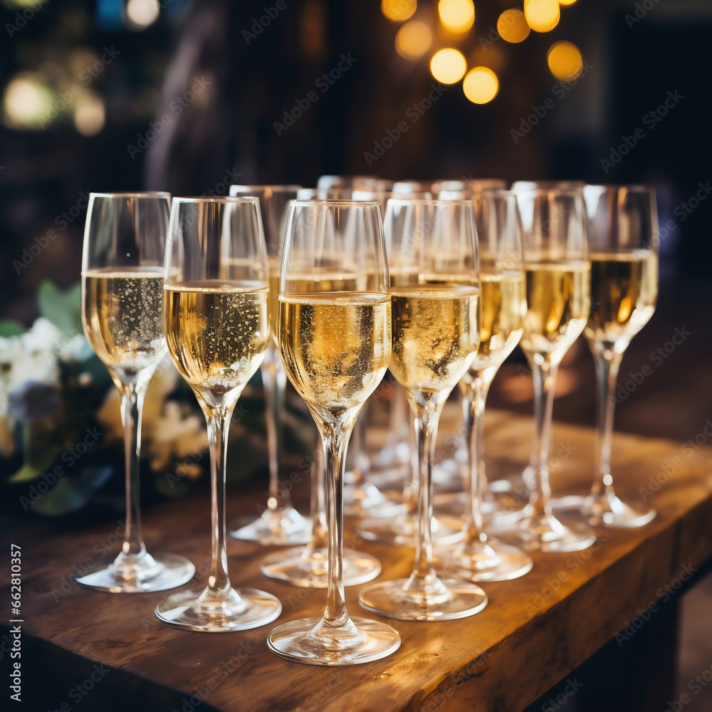 Glasses of champagne on a table at a wedding reception. Selective focus. Glasses of champagne on a table at a wedding reception. Selective focus.