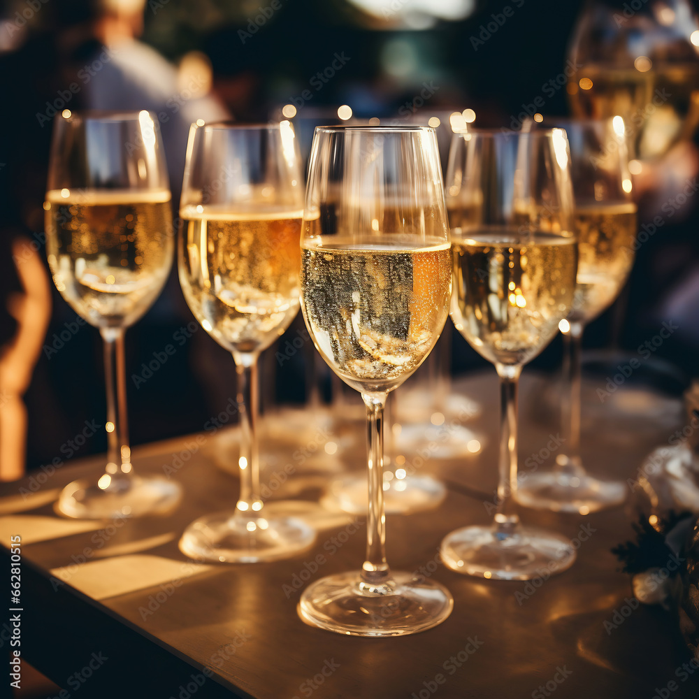 Glasses of champagne on a table at a wedding reception. Selective focus. Glasses of champagne on a table at a wedding reception. Selective focus.