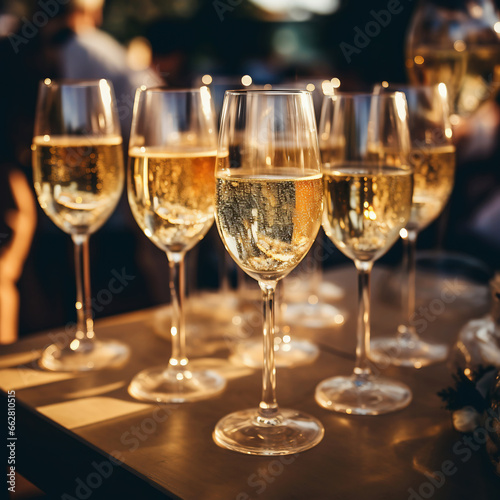 Glasses of champagne on a table at a wedding reception. Selective focus.