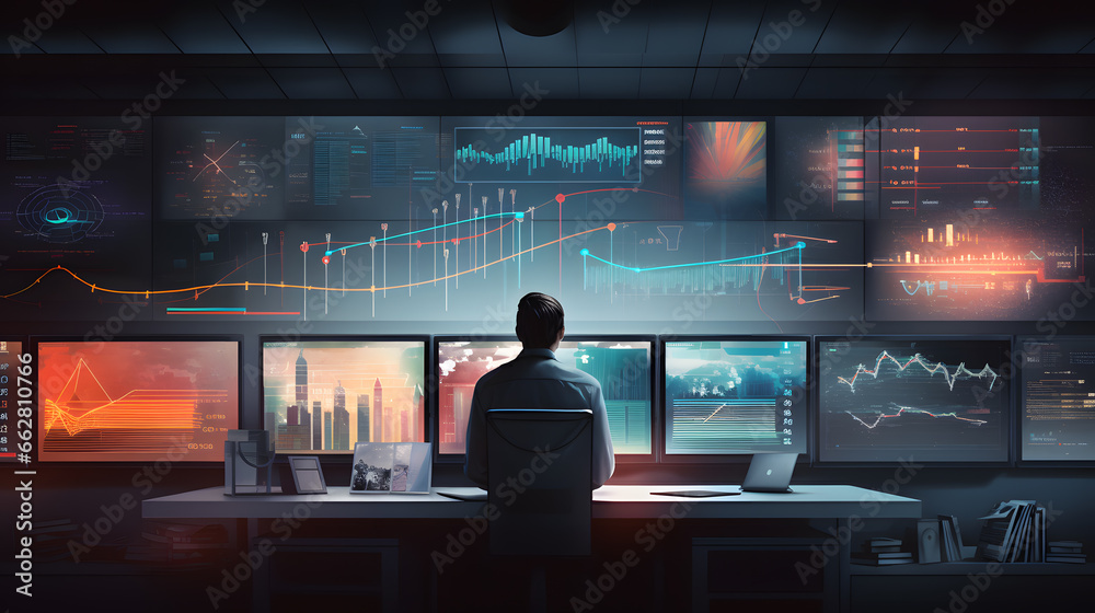 Young man trader at computer screen with trading charts watching stock trading market financial data growth concept, close up. - obrazy, fototapety, plakaty 