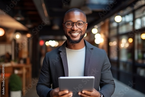Black man, tablet and smile in portrait at startup, scroll device and happy with tech, communication and app, Social media, email and networking with businessman, web design or IT at digital agency © alisaaa