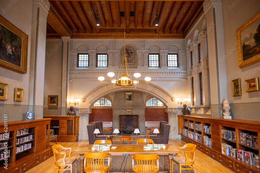 Woburn Public Library interior with Richardsonian Romanesque style at