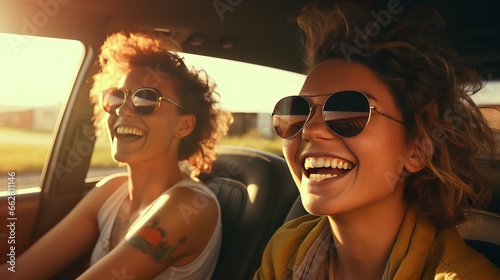 Two women enjoying a ride in the backseat of a car