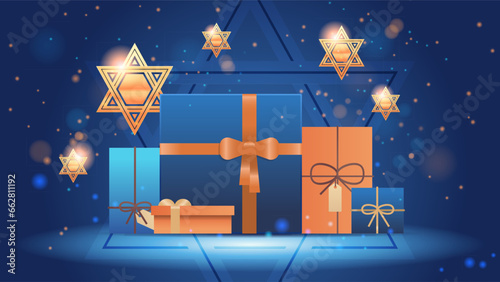 happy hanukkah judaism religious holidays hebrew celebration greeting card star of david symbol with gift boxes horizontal