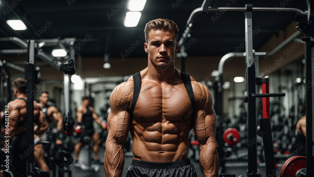 Young Asian bodybuilder posing and working out in the gym