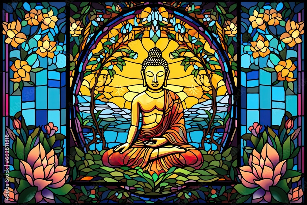 Buddha framed by a breathtaking landscape in the style of stained glass art.
