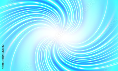 Blue swirl background with glowing white centre for text or product presentation. Tornado of freshness and purity. Spinning glowing lines. Vector illustration.