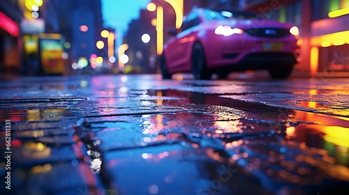 A parked car on a wet city street