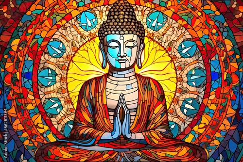 Buddha framed by a breathtaking landscape in the style of stained glass art.