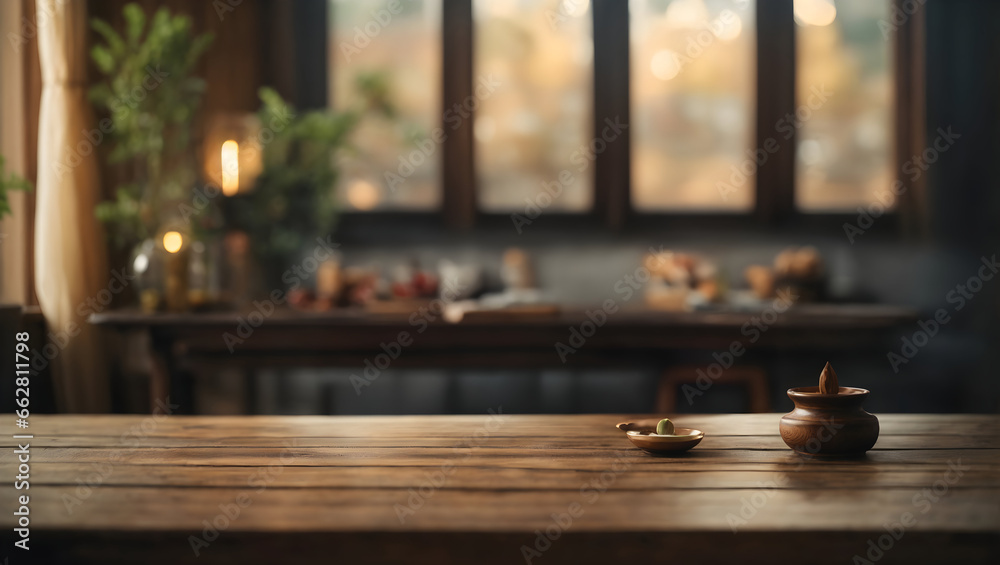 an empty wooden oak table and behind it a blurred room