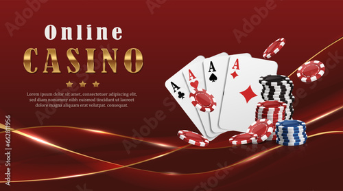 Casino online background. Red luxury wavy banner with golden lines. Cards and flying playing chips.