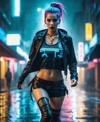 beautiful crazy cyberpunk jinx running trough a rainy night urban scenery. Fantasy