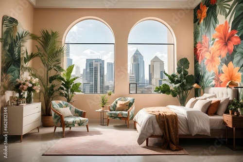  modern guest room with a city view elegant Creative painted tropical floral pattern