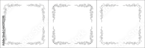 Set of three vector frames with wild violet flowers. Elegant black and white monochrome ornamental corners. Vector frame for all sizes and formats. Isolated vector illustration.