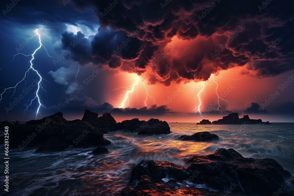 A powerful storm gathering over breathtaking destinations, leaving a lasting memory as lightning strikes. Generative AI