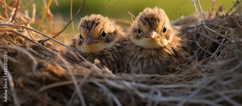 Nesting chicks of the crested lark With copyspace for text photo