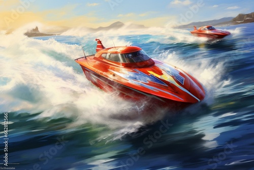 Illustration of fast boats racing. Generative AI © Mason