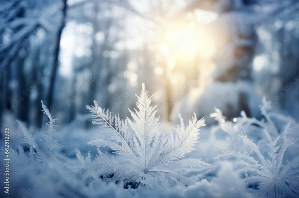 Winter season outdoors landscape, frozen plants in nature on a forest ground covered with ice and snow, under the morning sun - Seasonal background for Christmas wishes and greeting card Winter season outdoors landscape, frozen plants in nature on a forest ground covered with ice and snow, under the morning sun - Seasonal background for Christmas wishes and greeting card