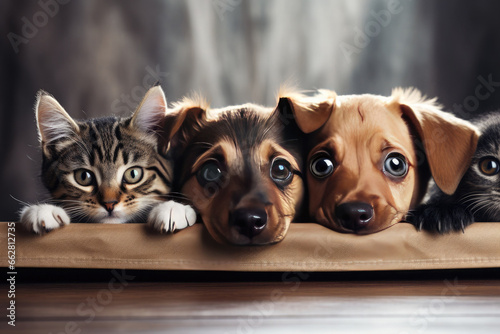 Puppies and kittens peek behind a brown bed or the back of a sofa.