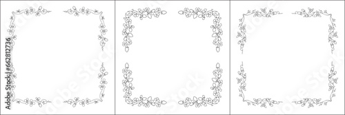 Set of three vector frames with clover flowers. Elegant black and white monochrome ornamental corners. Vector frame for all sizes and formats. Isolated vector illustration.