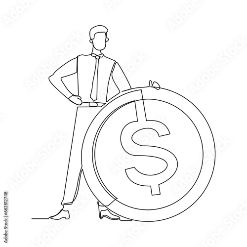 Continuous single line sketch drawing art of business man with big money coin. Vector illustration one line of loss dollar coins money