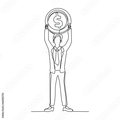 Continuous single line sketch drawing art of business man with big money coin. Vector illustration one line of loss dollar coins money