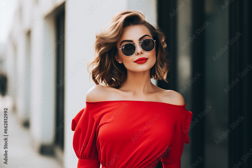 Beautiful woman in red dress and glasses on blurred background Beautiful woman in red dress and glasses on blurred background