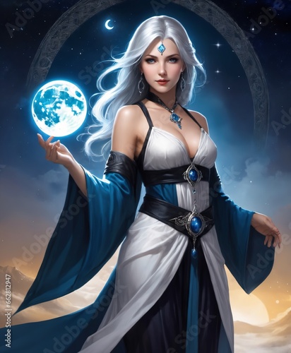 a woman deity with a blue dress and a white hair with a moon in the background. Fantasy