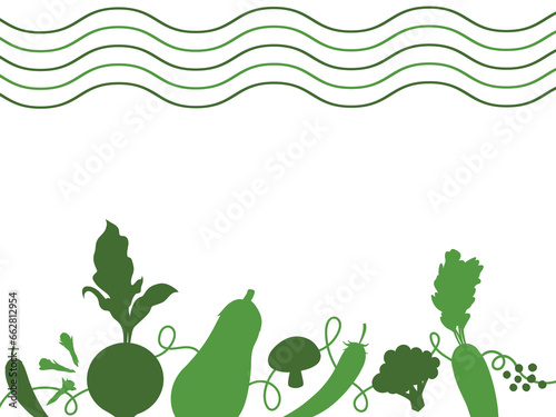 Vegetable plants silhouette icon lined up at the bottom with decorative doodle lines decorative element vector illustration isolated on copy spaced white horizontal background. Simple flat style.
