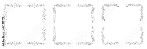 Set of three vector frames with wild flowers. Elegant black and white monochrome ornamental corners. Vector frame for all sizes and formats. Isolated vector illustration.
