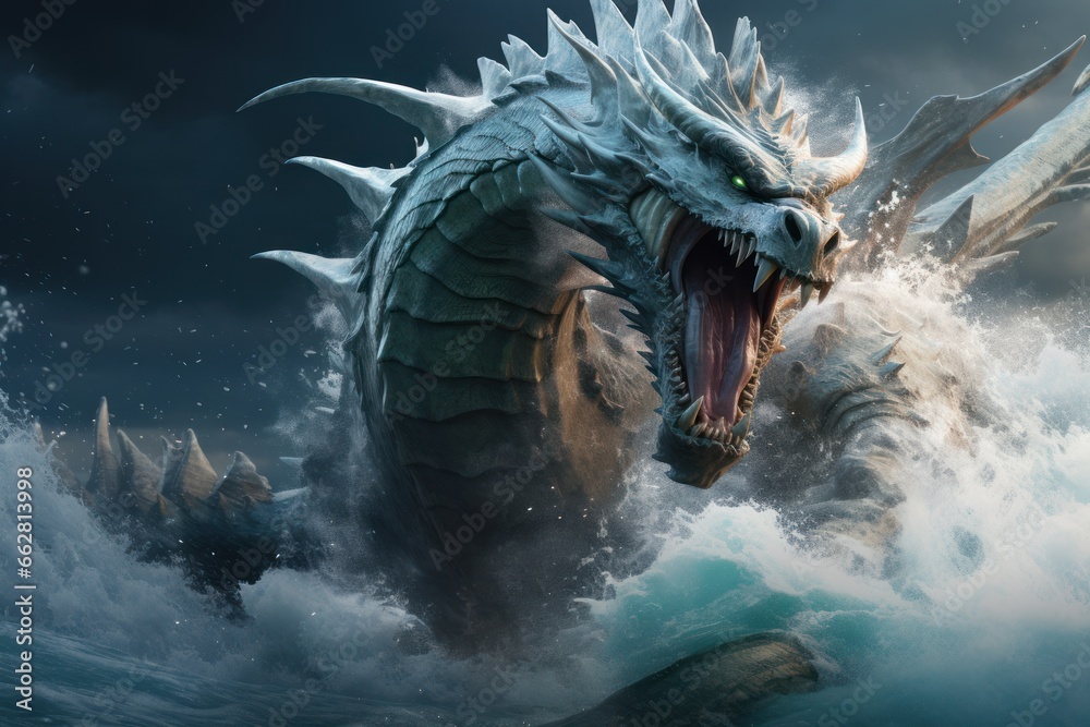 stylized illustration with huge powerful water dragon, ai tools generated image - obrazy, fototapety, plakaty 