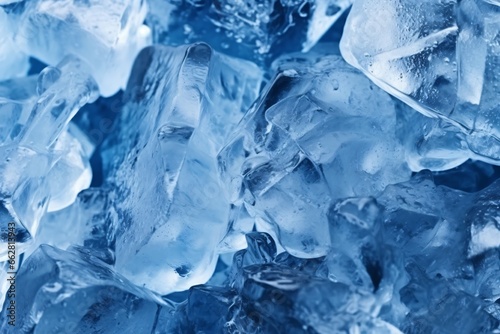 Macro shot of ice cubes. Ice texture in blue tone. Blue background. . Blue ice crystals close up. Macro shot. Abstract background and texture for design.