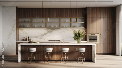 A designer kitchen with a marble backsplash and custom cabinetry