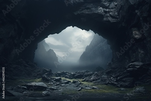 dark and gloomy gorge with huge stone arc, ai tools generated image