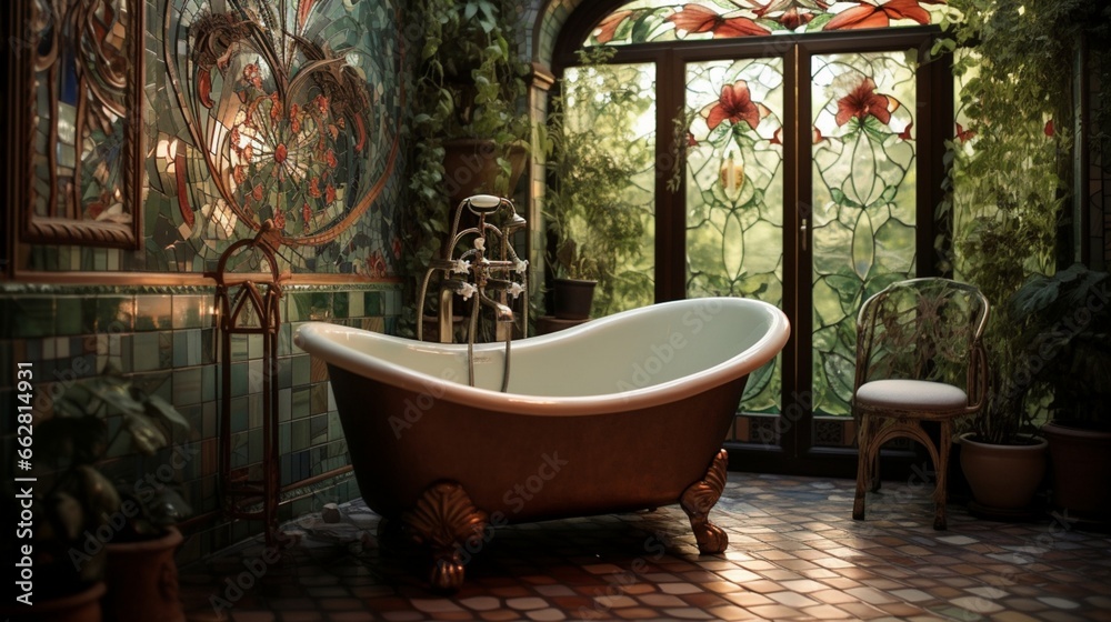 Fototapeta premium A bathroom with a wall of mosaic tiles and a clawfoot bathtub