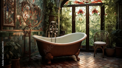 A bathroom with a wall of mosaic tiles and a clawfoot bathtub